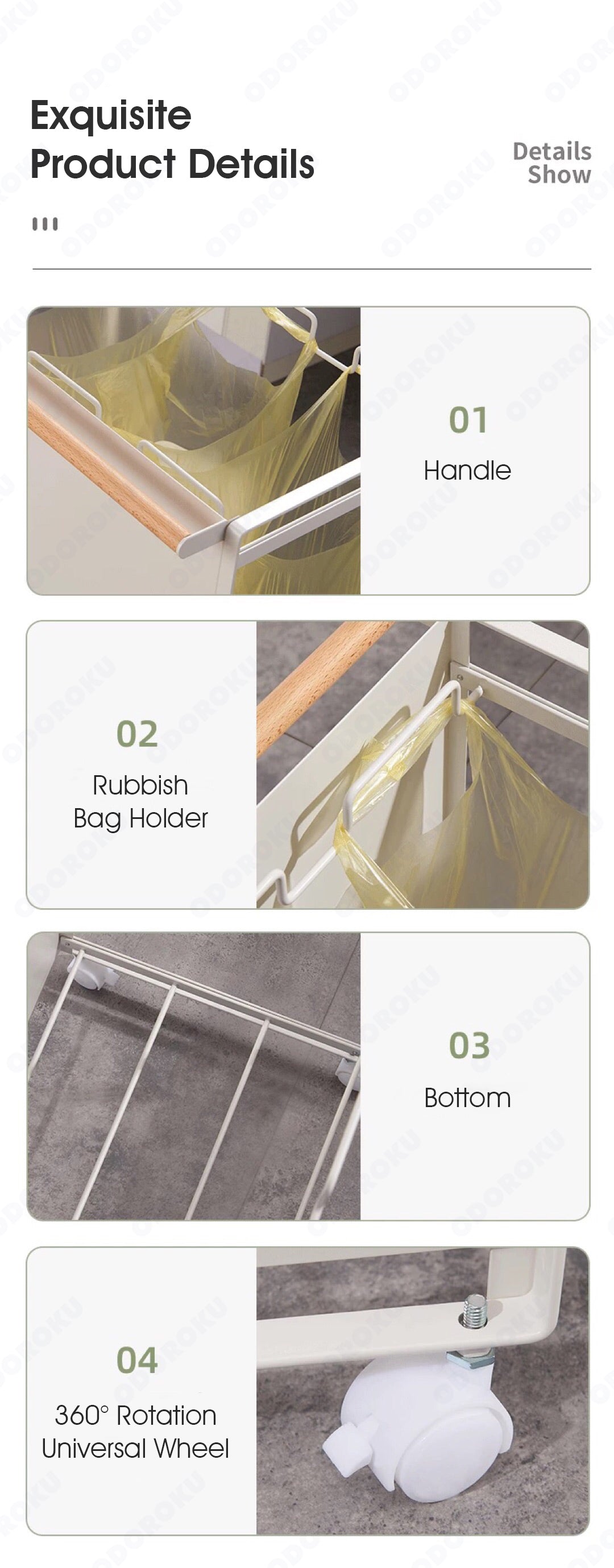 ODOROKU Concealed Rolling Sorter-Garbage Storage Basket On Wheels Steel Garbage Bag Holder Trash Can Rack Trash Can-Kitchen White - ODOROKU