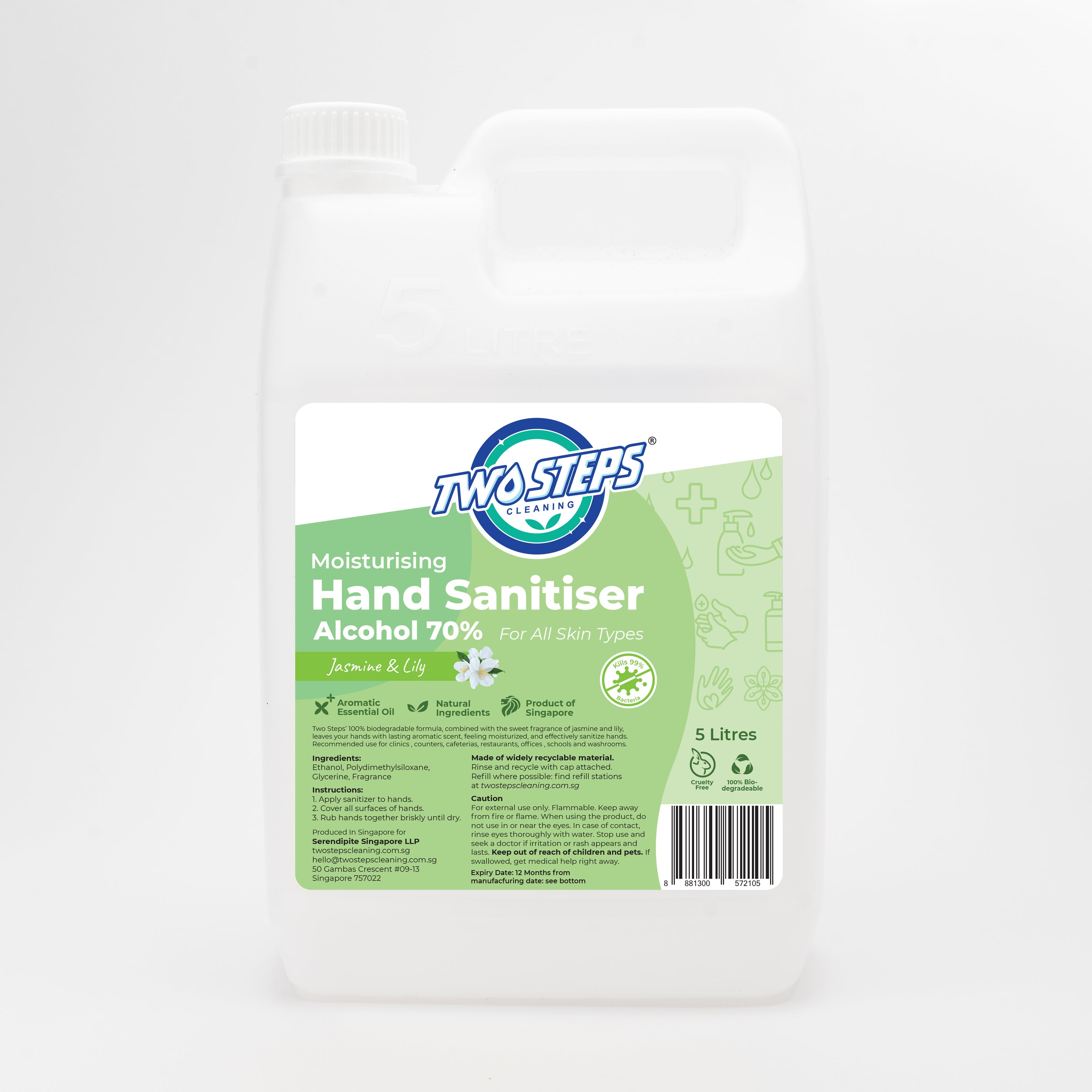 ODOROKU x Two Steps Cleaning Hand Sanitizer Alcohol 70% 500ml / 5 Litre - Jasmine & Lily Kills 99% Bacteria Moisturizing Safe for Sensitive Hands - ODOROKU