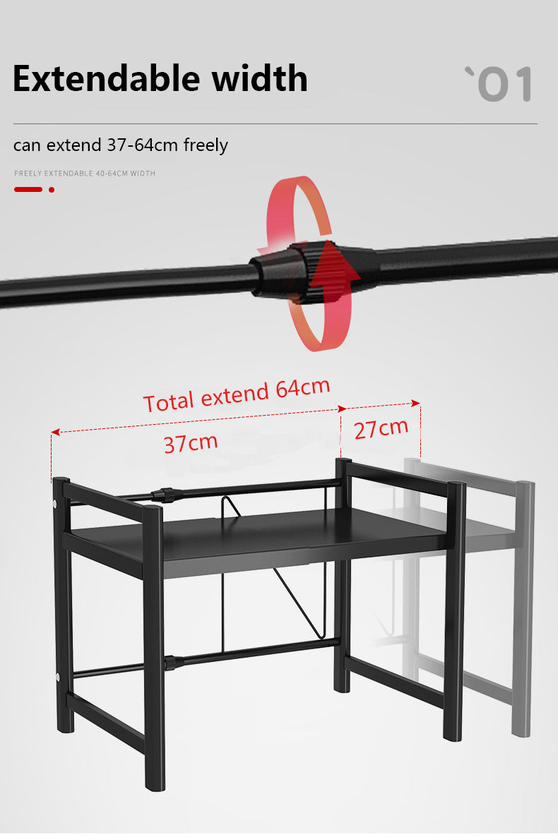 ODOROKU 1/2 Tier Microwave Oven Rack with Utensils Set and Hooks Expandable Black Carbon Steel Extendable Microwave Rack Shelf Counter Kitchen Organizer Storage Rack 201 Stainless Steel Hook Adjustable from 37~64cm - ODOROKU