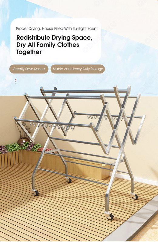 ODOROKU Huge W Shape 1.6m Multi-Bar Stainless Steel Clothes Drying Rack With Wheels Metal Huge Size Heavy Duty Hanging Free Standing Waterproof Rustproof Laundry Bedsheet Quilts Shoes Socks Suitable for Indoor Outdoor Silver - ODOROKU