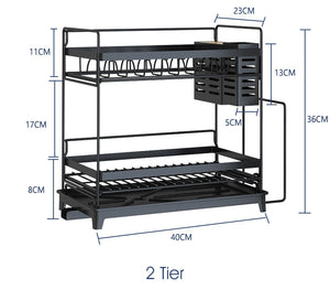 ODOROKU 1/2 Tier Dish Rack 201 Stainless Steel with Drainer and Wooden Handle with Utensil Holder and Cutting Board Holder Dish Drainer with Removable Drain Board for Kitchen Counter Organizer Storage Water Tray (Black/White) - ODOROKU