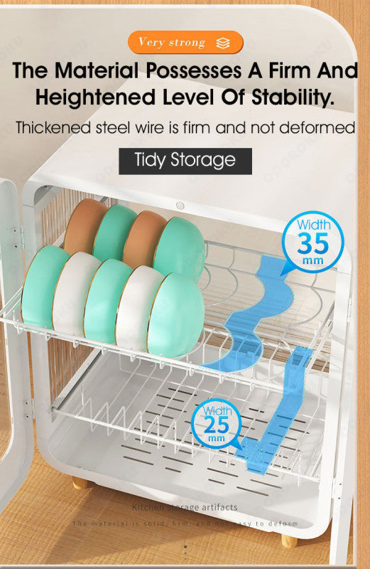 ODOROKU 2 Tier Minimalistic Cabinet Dish Rack with Doors and Water Tray Magnetic Door Dish Drainer Rack Bowl Plates Holder Dust Proof Cabinet Door - ODOROKU