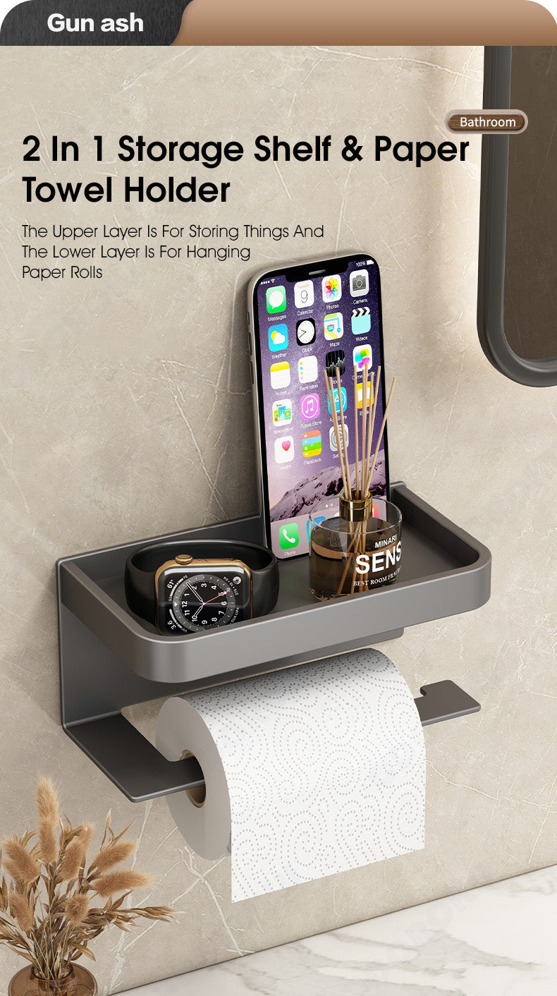 ODOROKU Aluminum Self-Adhesive Mounted Toilet Paper Holder With Phone Shelf Toilet Roll Holders Drill Free Punch Free Rust Free Durable Corrosion Free Bathroom Storage For Phone Toiletries Bathroom Kitchen Office - ODOROKU