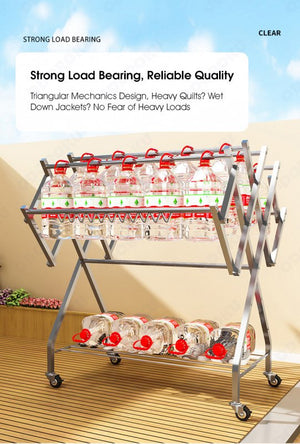 ODOROKU Huge W Shape 1.6m Multi-Bar Stainless Steel Clothes Drying Rack With Wheels Metal Huge Size Heavy Duty Hanging Free Standing Waterproof Rustproof Laundry Bedsheet Quilts Shoes Socks Suitable for Indoor Outdoor Silver - ODOROKU