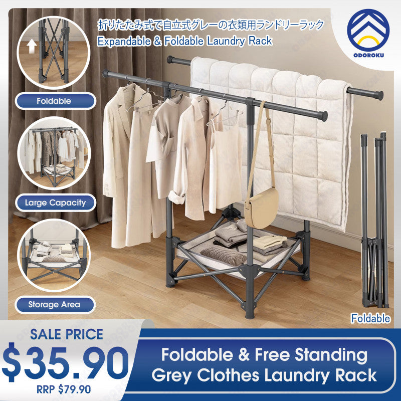 Collaspable Standing Rack ODOROKU Foldable & Free Standing Grey Clothes Clothes Laundry Rack ...