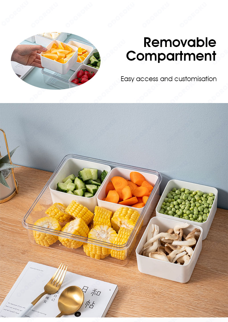 ODOROKU Customizable Compartment Food Container Divided Food Storage Containers with Lids Plastic Snack Container with 4 Removable Boxes Stackable Lunch Box Fridge Produce Saver for Fruit Vegetable Meat CNY Dinner - ODOROKU