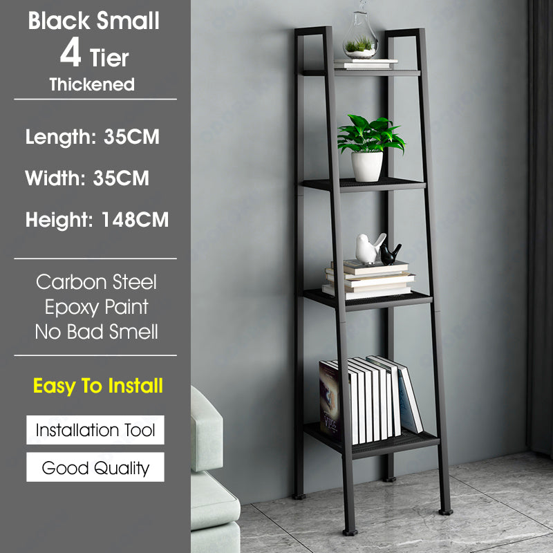 ODOROKU 3/4/5 Tiers Ladder Shelf Bookshelf Freestanding Storage Shelves with Steel Frame Storage Rack Shelf for Office Living Room Kitchen Bedroom Industrial Black White - ODOROKU