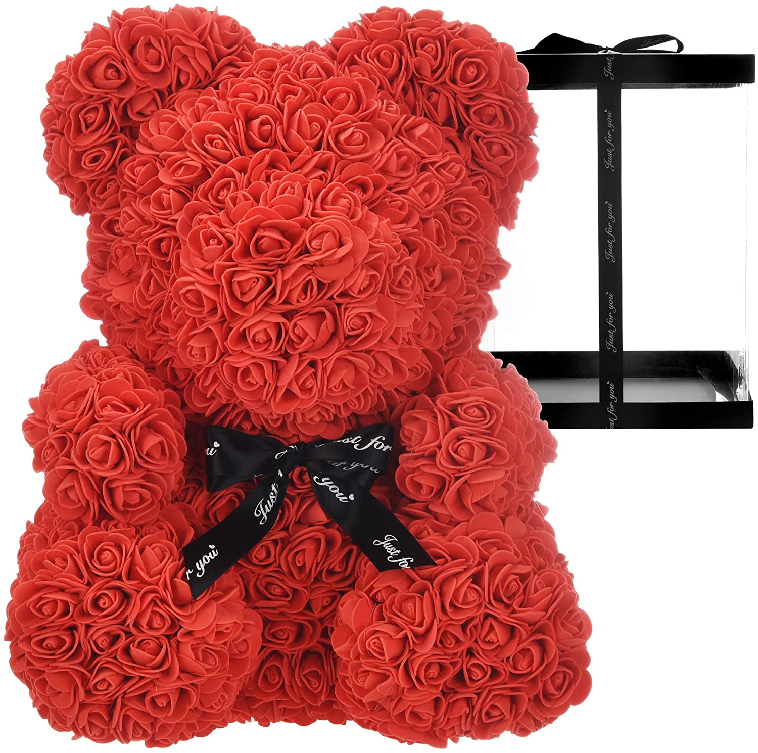 ODOROKU 25/40cm Rose Bear Rose Teddy Bear with Tie Teddy Flower Bear Over 250 Dozen Artificial Flowers Valentines Day Anniversary & Bridal Showers Clear Gift Box - ODOROKU