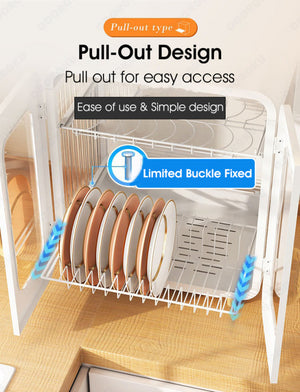 ODOROKU 2 Tier Minimalistic Cabinet Dish Rack with Doors and Water Tray Magnetic Door Dish Drainer Rack Bowl Plates Holder Dust Proof Cabinet Door - ODOROKU