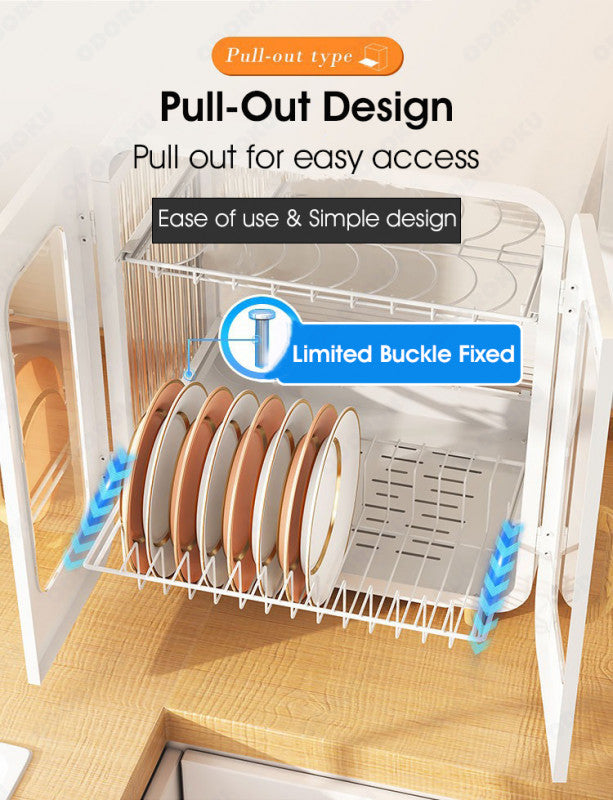 ODOROKU 2 Tier Minimalistic Cabinet Dish Rack with Doors and Water Tray Magnetic Door Dish Drainer Rack Bowl Plates Holder Dust Proof Cabinet Door - ODOROKU