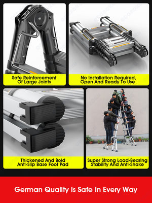 ODOROKU 8 Legs Aluminum Telescopic Ladder Extension Foldable Ladder A Shape or Straight Ladder Multi-Purpose Ladder with Wheels and Base Support, 2000kg Capacity - ODOROKU