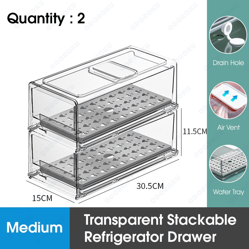 ODOROKU Stackable Refrigerator Drawer Organizer Bins Refrigerator Storage Bins Drawers Stackable Clear Fridge Organizer BPA Free Plastic Storage Drawers - ODOROKU