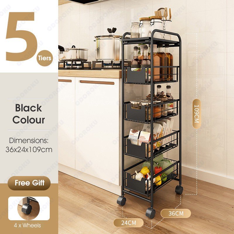 ODOROKU 3/4/5 Tiers Drawer Basket Rack with Wheels Kitchen Organizer Basket Spice Rack Organizer Pots Pans Sliding Drawe - ODOROKU