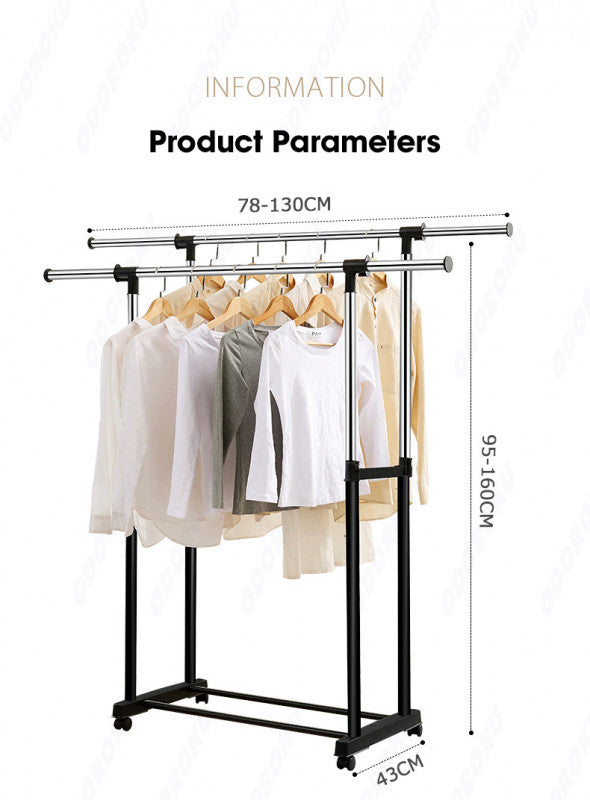 ODOROKU Heavy Duty Double Rods Adjustable Length Clothes Rack with Wheels Thicken Steel Garment Drying Hanger Metal Clothes Hanging Rack Drying Stand Laundry Rack - ODOROKU