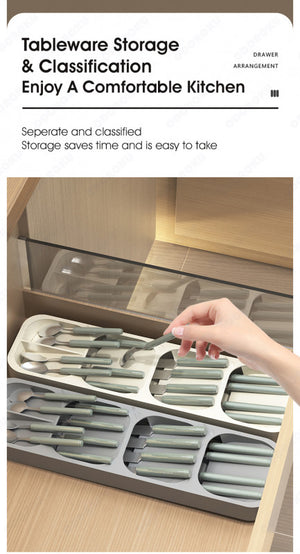 ODOROKU Utensils Holder Silverware Organizer Storage Tray Cutlery Adjustable and Expandable Organizer for Kitchen Drawer Utensil Holder for Flatware Spoons Forks Knife Grey White - ODOROKU