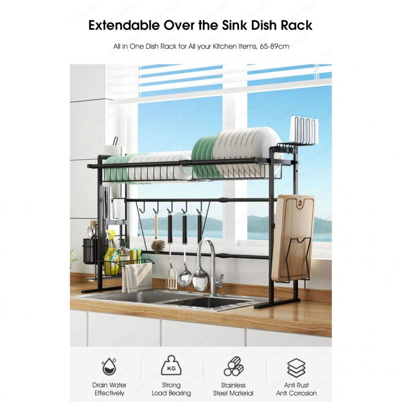 ODORKU 65-89cm Stainless Steel Telescopic Dish Rack Over Sink Dish Drying Rack Extendable Dish Rack Adjustable Length Adjustable Height - ODOROKU