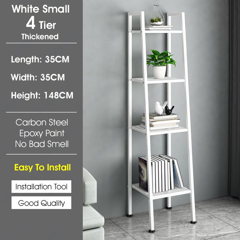 ODOROKU 3/4/5 Tiers Ladder Shelf Bookshelf Freestanding Storage Shelves with Steel Frame Storage Rack Shelf for Office Living Room Kitchen Bedroom Industrial Black White - ODOROKU