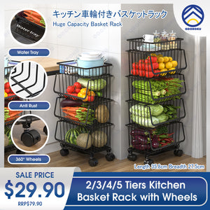 ODOROKU 2/3/4/5 Tiers Kitchen Basket Rack with Wheels & Water Tray Multipurpose Rack Storage Shelf Trolley Cart Shelf Rack Organizer Storage Movable Vegetable And Fruit Basket Space Saving Organizer with Locking Wheels Black - ODOROKU