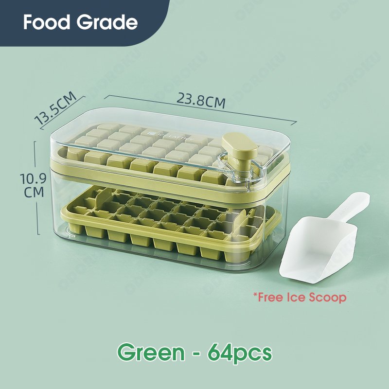 ODOROKU 32/64pcs One Press Release Ice Cube Tray with Lid Bin and Scoop Easy Release Ice Trays for Freezer Large Capacity Ice Tray Holder Whiskey Cocktail Ice Box Ice Jelly Mold Food Grade Quick Release Ice Cubes - ODOROKU