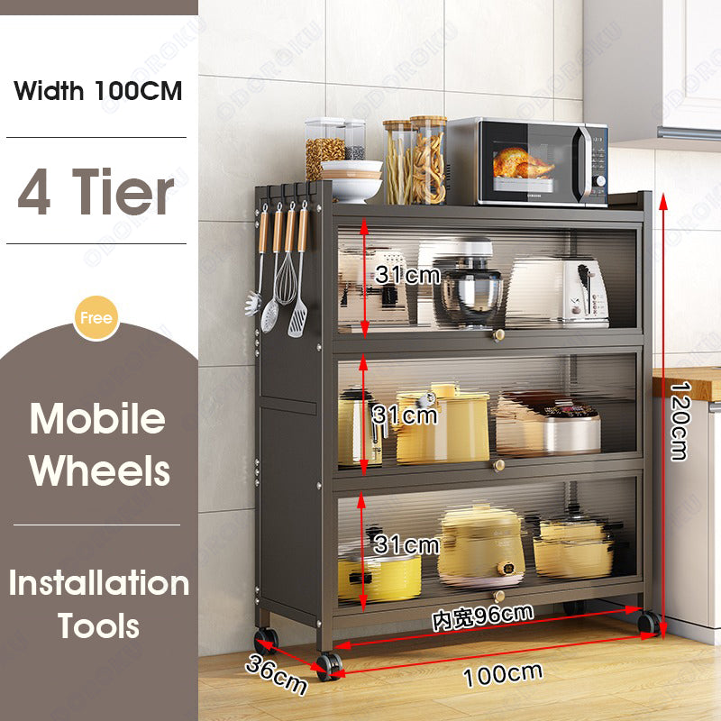 ODOROKU 3/4/5 Tiers Heavy Duty Free Standing Kitchen Rack with Cabinet Door & Removable Back Panel for Kitchens Storage with Rolling Wheels Microwave Oven Stand Rack - ODOROKU