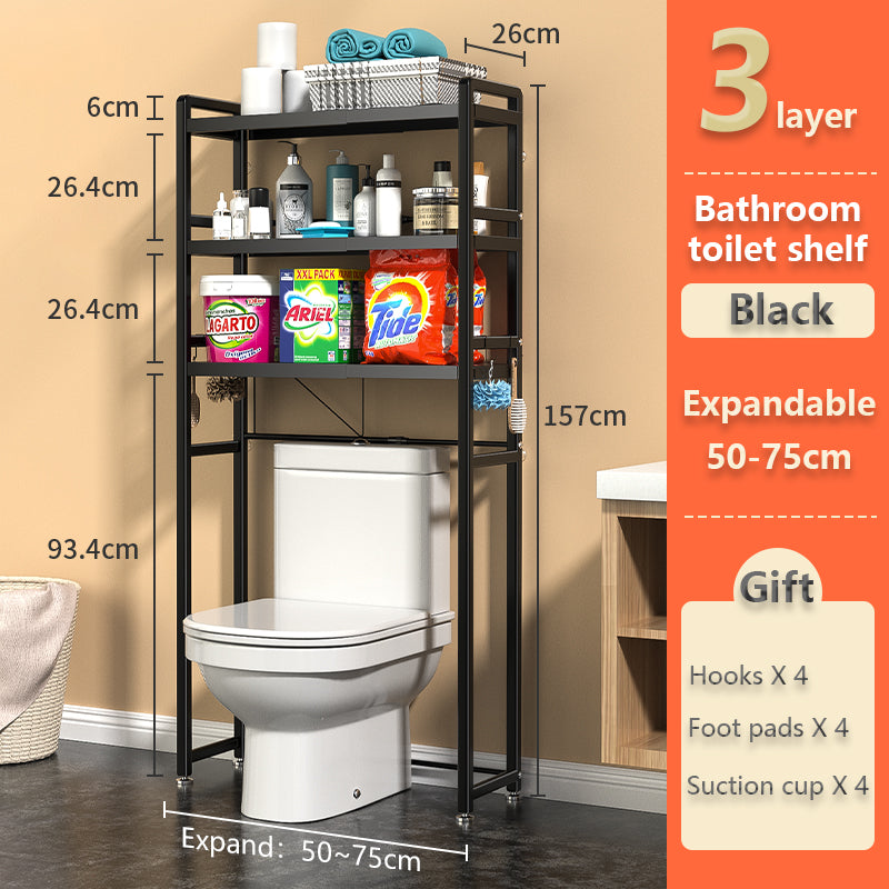 ODOROKU 1/2/3 Tier Extendable Washing Machine Toilet Storage Rack Over-The-Toilet Cabinet Bathroom Organizer Bathroom Space Saver with Multi-Functional Shelves Black White - ODOROKU