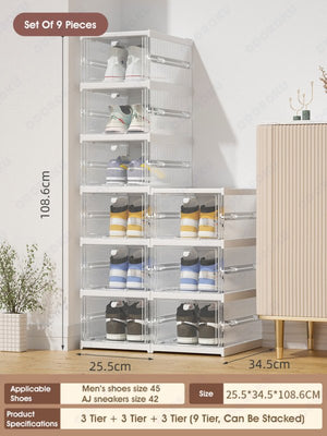 ODOROKU Set of 3/6/9/12 Foldable Shoe Rack Organizer Installation Free Plastic Collapsible Shoes Storage Box Clear Shoe Boxes Stackable with Door Easy Assembly Shoe Cabinet Bins with Lids - ODOROKU