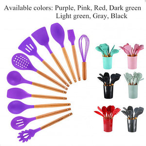 ODOROKU 11 Pcs Silicone Kitchen Utensil Set With Holder Heat Resistant Tools With Wooden Handle Nonstick Non Scratch - ODOROKU