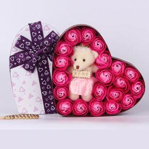 ODOROKU 20 Roses Bear Rose with Heart Shape Gift Box Teddy Bear Teddy Flower Bear Over 20 Artificial Flowers Valentines Day Anniversary & Bridal Showers Clear Gift Box [Red,Pink,Purple] - ODOROKU