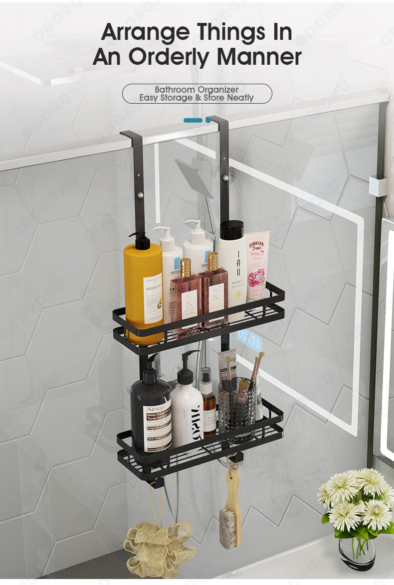 ODOROKU 1/2 Tiers Hanging Shower Caddy Over The Door Shower Organizer Stainless Steel Bathroom Storage Rack with Hook and Basket Hangers Black - ODOROKU