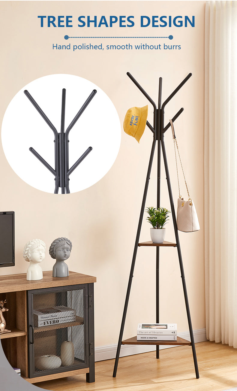 ODOROKU Metal Tree Coat Rack Stand with Wooden Board 6 Hooks Free Standing Coat Rack Bag Rack Hat Rack Hallway Entryway Coat Hanger Stand for Clothes Suits Accessories - ODOROKU