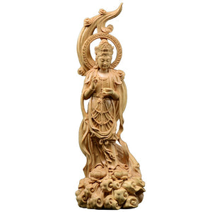 ODOROKU Yellow Box Wood Buddha and Bodhisattva Statue Hand Carved Yellow Wood Statue Standing Sitting Sculpture Handmade Figurine - ODOROKU