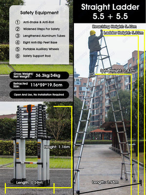 ODOROKU 8 Legs Aluminum Telescopic Ladder Extension Foldable Ladder A Shape or Straight Ladder Multi-Purpose Ladder with Wheels and Base Support, 2000kg Capacity - ODOROKU