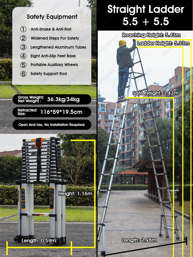 ODOROKU 8 Legs Aluminum Telescopic Ladder Extension Foldable Ladder A Shape or Straight Ladder Multi-Purpose Ladder with Wheels and Base Support, 2000kg Capacity - ODOROKU