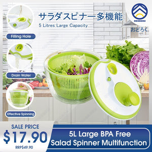 ODOROKU Salad Spinner Large Multifunction 5L Design BPA Free Large Capacity Drain Water Salad Bowl Vegetables Spin - ODOROKU