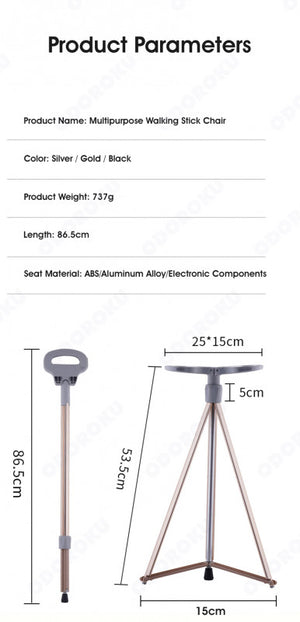 ODOROKU 2 In 1 Portable Lightweight Walking Cane & Cane Seat Walking Stick Aid Foldable Seat Sturdy Tripod Cane Stool Lightweight Balancing Mobility Aid Crutch Chair with Travel Bag and 2 Base Canes for Elderly, Seniors & Handicap - ODOROKU