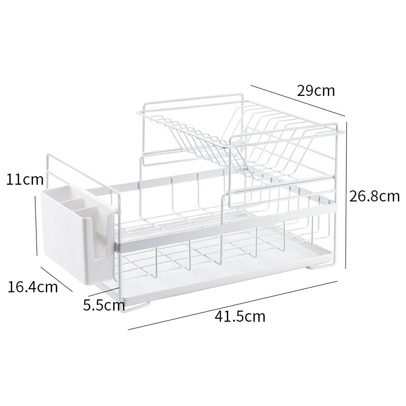 ODOROKU Kitchen 2 Tier Dish Drainer Removable Drying Rack Utensils Holder Water Tray Black White - ODOROKU