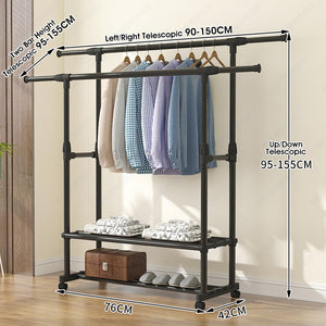 ODOROKU Height & Length Adjustable Clothes Rack for Hanging Clothes Clothing Rack, Rolling Garment Rack, Hanging Rack for Clothes, Double Rod Wardrobe Rack with Lockable Wheels - ODOROKU