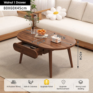 ODOROKU 80/100/120cm Wood Modern Oval Coffee Table with Drawer 1.5cm Thickness Solid Rubber Wooden Coffee Table Scandinavian Nordic Design Round Wooden Center Table Side End Table for Living Room Sturdy Tea Table - ODOROKU