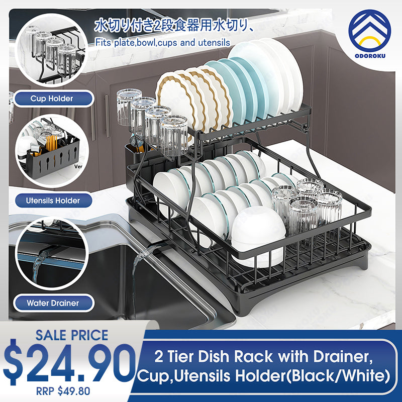 ODOROKU 2 Tier Dish Rack with Drainer Cup Holder & Utensils Holder Compact Dish Drainer Rack Sink Organizer Dish Rack for Kitchen Counter Bowl & Plates Dish Drying Rack Black White - ODOROKU