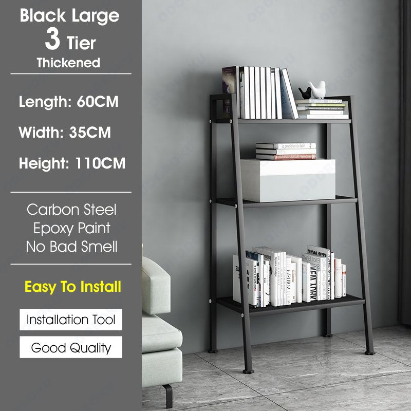 ODOROKU 3/4/5 Tiers Ladder Shelf Bookshelf Freestanding Storage Shelves with Steel Frame Storage Rack Shelf for Office Living Room Kitchen Bedroom Industrial Black White - ODOROKU