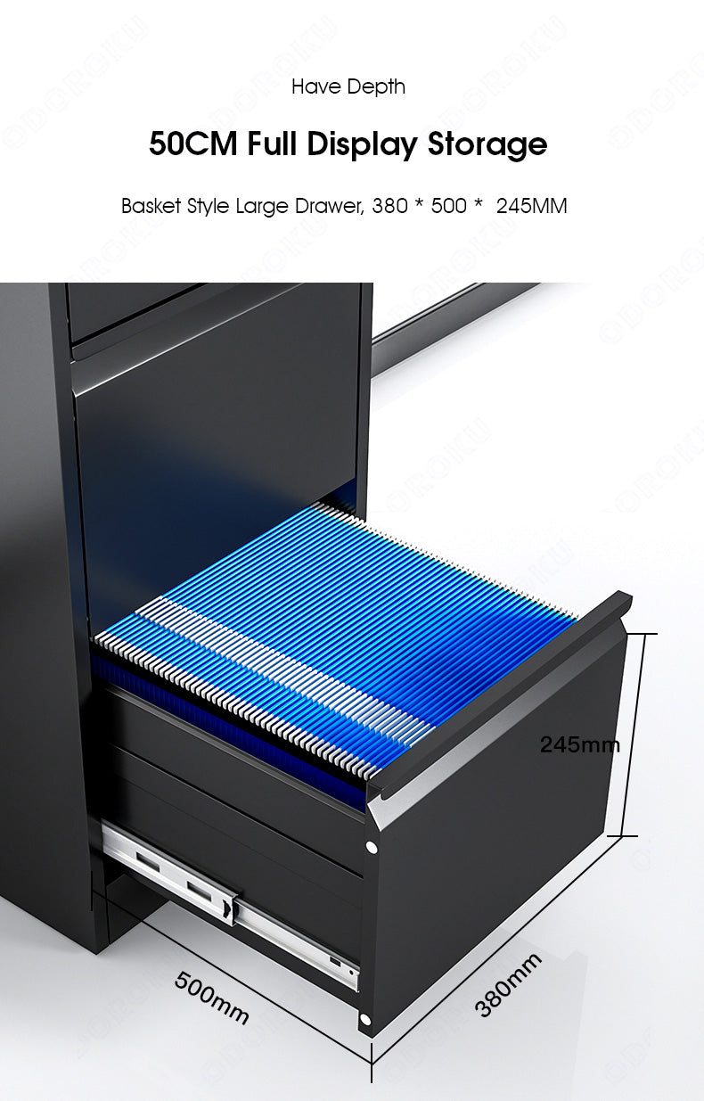 ODOROKU 2/3/4 Tiers Vertical Steel Metal File Office Cabinet Storage Drawer With Lock Office Sliding Pull Out Aesthetic Smooth Drawers Box Convenient Recessed Handle & Finger Pull High Capacity Heavy Duty Strong Load Bearing For A4 Size Files Letters - ODOROKU