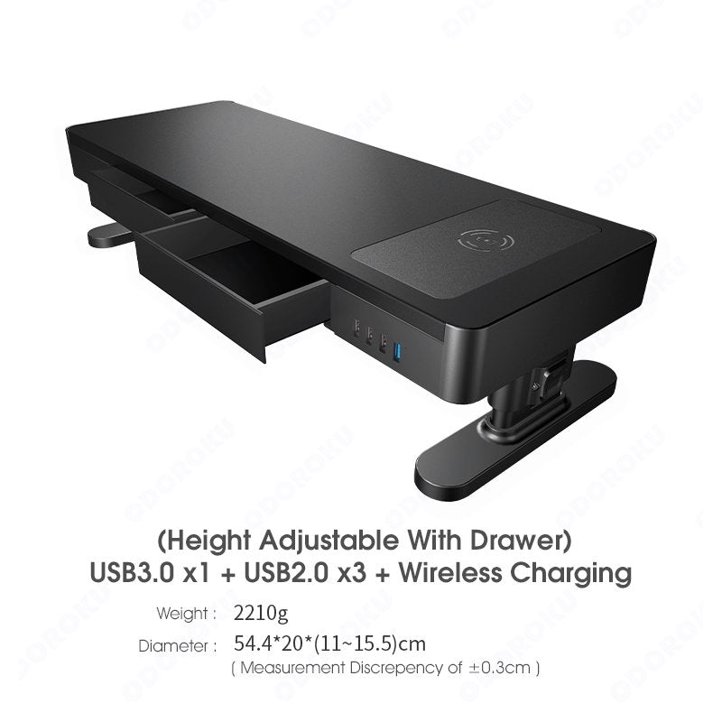 ODOROKU Height Adjustable Monitor Stand Computer Riser with USB & Wireless Charging Phone Charger 4 USB Ports Hub and Drawer Storage Metal Desktop Organizer Lifter Shelf for PC Screen Studio Display Office Gaming - ODOROKU