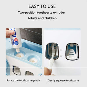 ODOROKU Toothbrush Holder and Toothpaste Dispenser with Cups Hair Dryer Holder Wall Mounted Large Capacity Multiple Compartment Dustproof Squeezer Toothpaste Dispenser Hands Free Squeeze Out for Family Washroom Bathroom White Grey Blue - ODOROKU