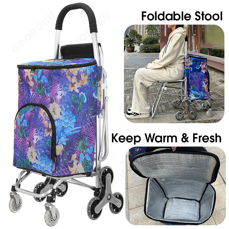 ODOROKU Foldable Aluminum Insulated Shopping Cart With Stool Seat For Elderly Aluminium Stair Stairs Climbing Universal Wheel Large Capacity Heavy Duty Portable Push Cart Trolley Fresh Food Auntie Trolley Durable Collapsible Supermarket Grocery - ODOROKU