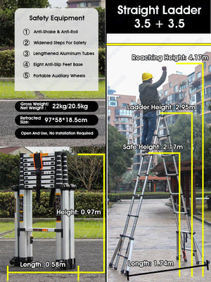 ODOROKU 8 Legs Aluminum Telescopic Ladder Extension Foldable Ladder A Shape or Straight Ladder Multi-Purpose Ladder with Wheels and Base Support, 2000kg Capacity - ODOROKU