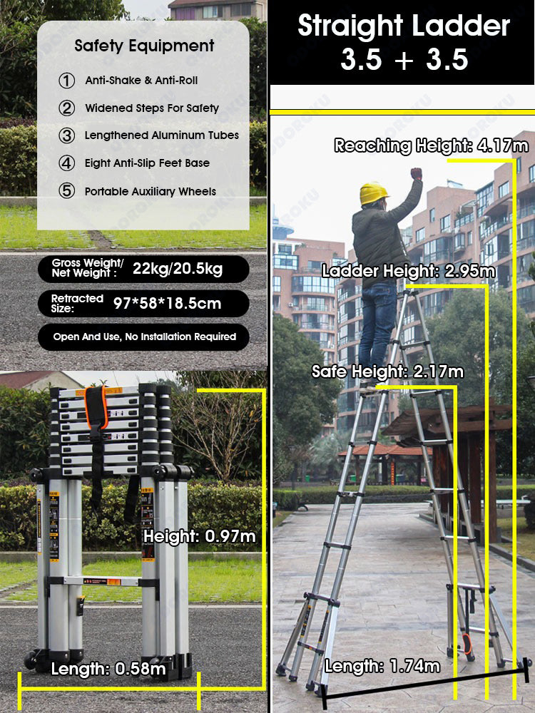 ODOROKU 8 Legs Aluminum Telescopic Ladder Extension Foldable Ladder A Shape or Straight Ladder Multi-Purpose Ladder with Wheels and Base Support, 2000kg Capacity - ODOROKU