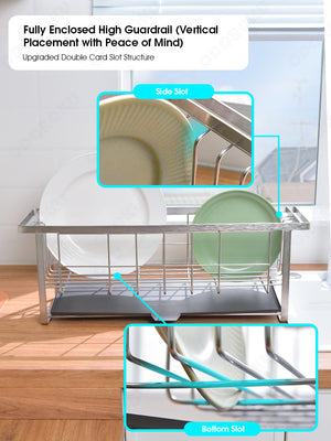 ODOROKU Stainless Steel Narrow & Long Dish Rack with Automatic Drainer and Moveable Hooks Storage Of Plates Plate Bowls Cutlery Utensils Knife Knives Chopping Board Peeler Sponges Gloves Rags Holder Water Tray Draining Drainage For Kitchen Counter/Sink - ODOROKU