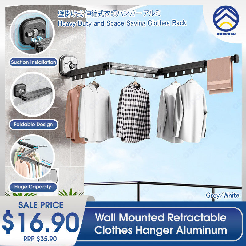 ODOROKU Wall Mounted Retractable Clothes Hanger Aluminium Expandable Laundry Rack Clothes Drying Rack Hanger Heavy Duty and Space Saving Clothes Rack No-punch Folding Wall-Mounted Invisible Clothesline Pole - ODOROKU