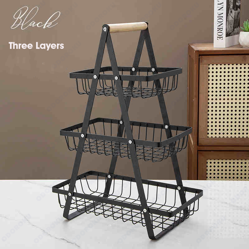 ODOROKU 2/3 Tiers Kitchen Countertop Fruits Basket Rack for Kitchen Organizer Storage & Dining Room Fruits Vegetable Bread Snacks Large Capacity Fruit Storage Stand Black White - ODOROKU