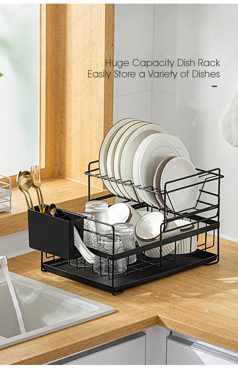 ODOROKU Kitchen 2 Tier Dish Drainer Removable Drying Rack Utensils Holder Water Tray Black White - ODOROKU